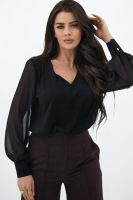 Elegancka bluzka damska z szyfonowym długim rękawem dekolt V mankiety z guzikiem - czarna